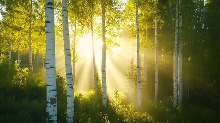 Obraz premium Sunbeams illuminate a birch forest at sunrise