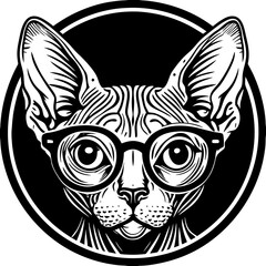 Stylized Sphynx Cat in Glasses with Whimsical Bat Background Design