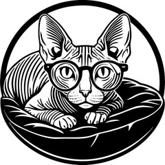 Sphynx Cat Relaxing in a Plush Cushion with Oversized Glasses