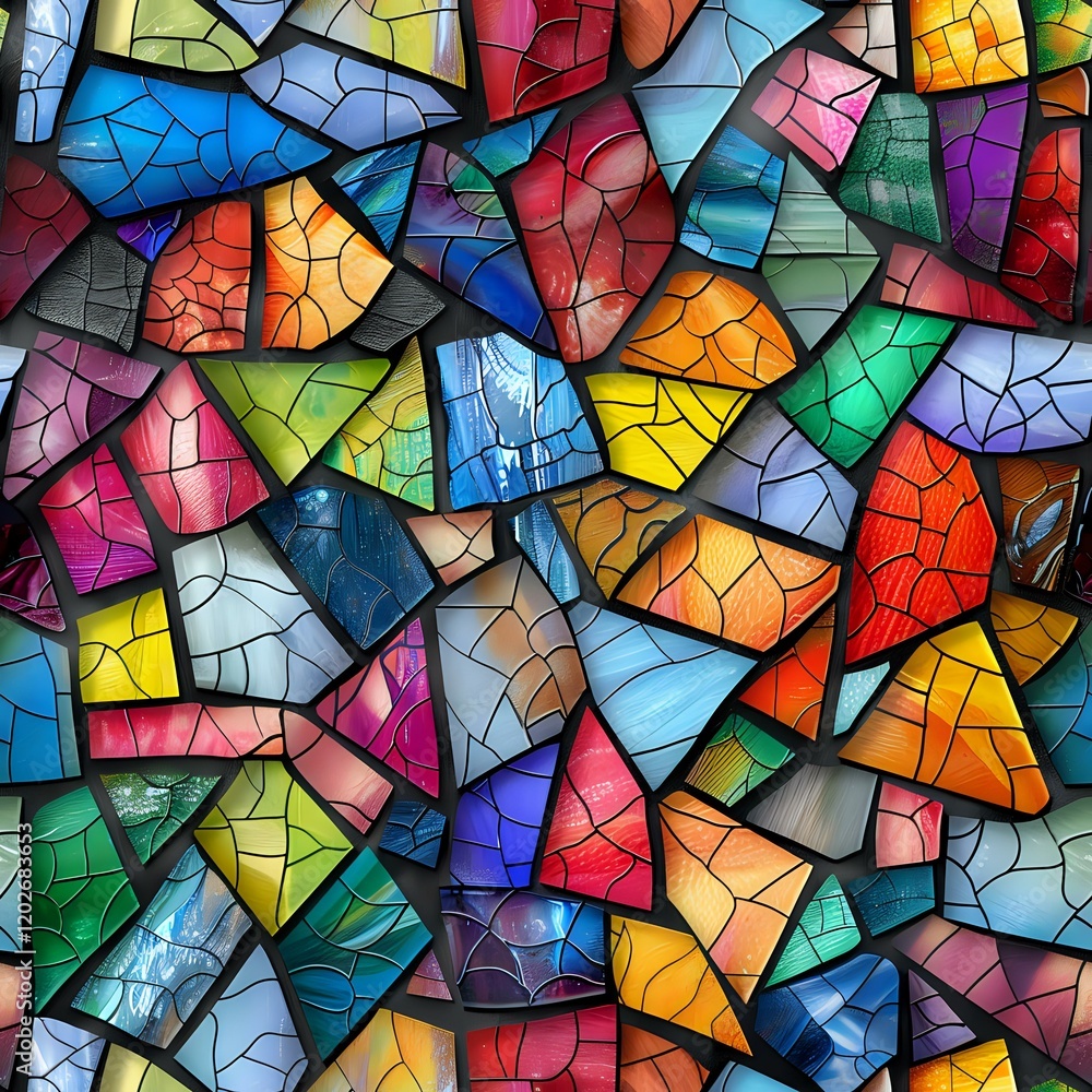 Poster vibrant stained glass mosaic pattern with colorful geometric shapes and black lines creating a dynam
