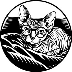 Stylish Sphynx Cat with Glasses Resting on a Cozy Blanket in Black and White Art
