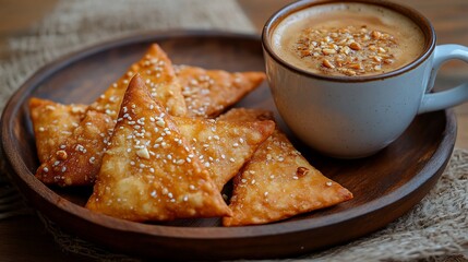 Triangle pastries with coffee on wooden plate