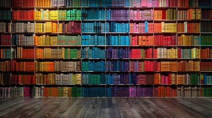 Fototapeta premium Colorful rainbow bookshelf wall with vintage books arranged by color spectrum from red to purple, empty wooden floor perfect for education, library or knowledge concept backgrounds.