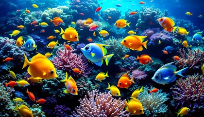 Naklejka premium Vibrant Reef: A Colorful Underwater Scene of Tropical Fish