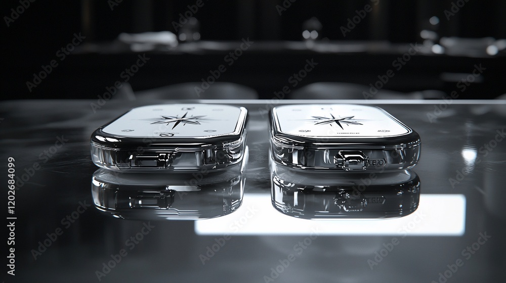 Poster two sleek, transparent devices with a snowflake design, resting on a reflective surface.
