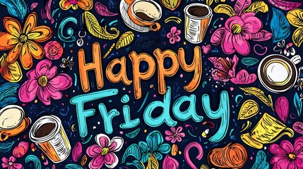 Obraz premium Happy Friday! Colorful Doodle Illustration with Coffee and Flowers