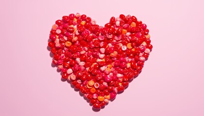 A vibrant heart shape composed of red and pink candies on a pale pink background, conveying love and Valentine's Day themes.  The image features a high-key lighting style, emphasizing the bright color