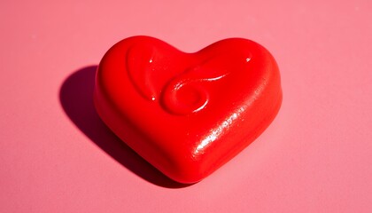 A vibrant red heart-shaped candy rests on a pink background, symbolizing love and Valentine's Day. The glossy surface and soft lighting create a romantic atmosphere, capturing the essence of a sweet c