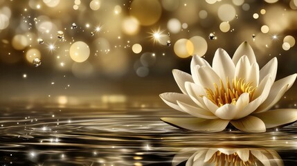 Fototapeta premium Serene white water lily floating on calm water with golden bokeh background.