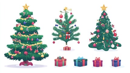 Three decorated Christmas trees with presents.