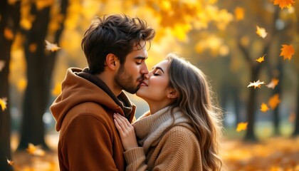 Fototapeta premium Autumnal Embrace: A Romantic Couple's Kiss Amidst Falling Leaves