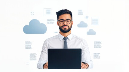 Businessman Using Laptop with Cloud Icons and Data Elements Symbolizing Cloud Migration and Data Management