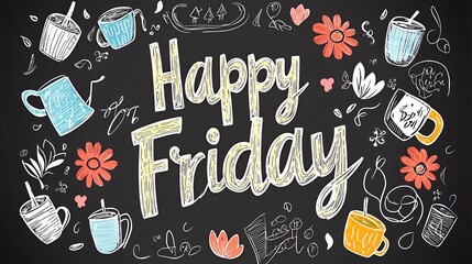 Happy Friday Chalkboard Illustration with Coffee Cups and Flowers
