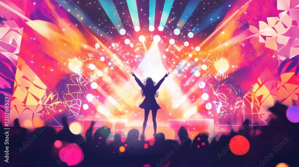 Poster exciting performance at a vibrant concert with dazzling lights and energetic atmosphere in a lively 