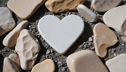 Obraz premium White Heart Shape Nestled Among Smooth, Pale Yellow and Gray Stones. A Symbol of Love and Affection, Captured in a High-Resolution Image with Soft Lighting and a Peaceful Atmosphere. The Simple Compo
