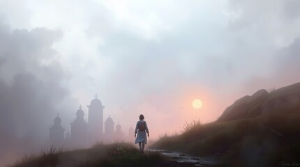 A young woman walks through misty hills, illuminated by a soft sunset, with distant silhouettes of churches.