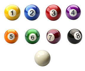 A set of billiard ball featuring the all number prominently displayed