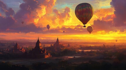 Hot air balloons floating over ancient temples at sunset with clouds in the background