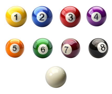 A set of billiard ball featuring the all number prominently displayed