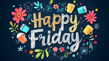 Happy Friday! Celebrate the end of the week with colorful flowers, coffee cups, and a joyful, hand-drawn design.