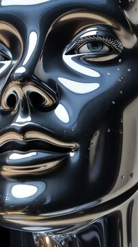 On a black background, a futuristic metallic humanoid face