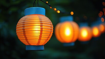 Fototapeta premium Enchanting Row of Glowing Lanterns in a Serene Garden Oasis at Dusk