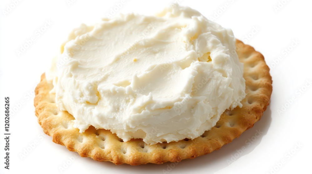 Poster Close-up of a round cracker topped with a generous dollop of creamy cheese spread, isolated on a white background.