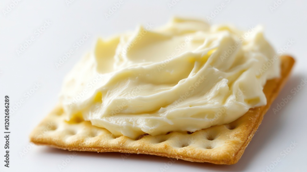 Poster Close-up of creamy cheese spread on a square cracker.