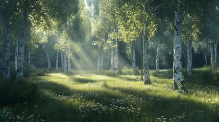 Obraz premium Sunbeams Illuminate a Birch Tree Forest Meadow