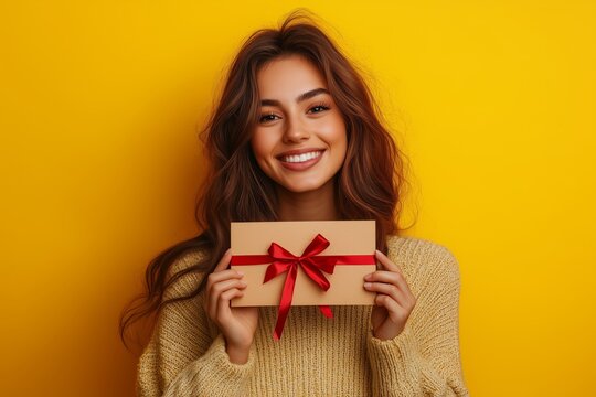 Happy young woman slim body hold gift certificate coupon voucher store card isolated on vivid yellow color background studio.