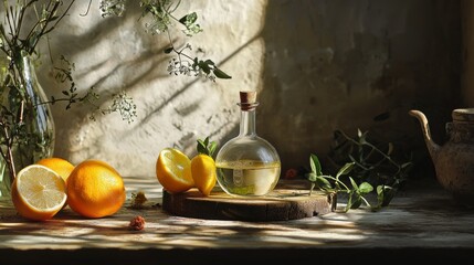 Citrus fruits and olive oil bottle in soft sunlight