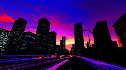 Vibrant city skyline at sunset with light trails on highway.