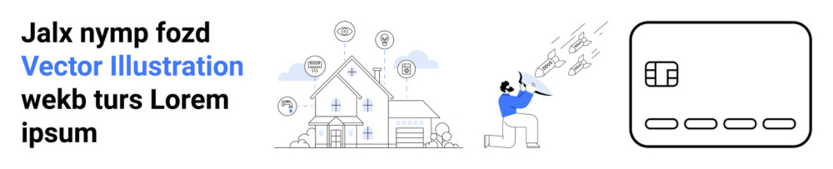 Technician installing device in smart home. House connected to multiple smart systems. Credit card indicating payment option. Ideal for technology, smart home, security, payment, service, innovation