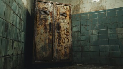 Rusty lockers, decaying bathroom, abandoned building, horror game asset