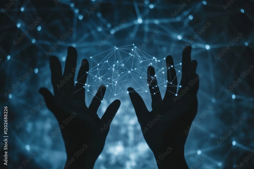 Aufkleber Hands reaching out with connection lines and dots against a dark background signifying networking and collaboration. Generative AI