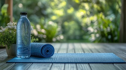 Fototapeta premium A serene yoga setup featuring a blue mat, a water bottle, and greenery in the background, ideal for relaxation.
