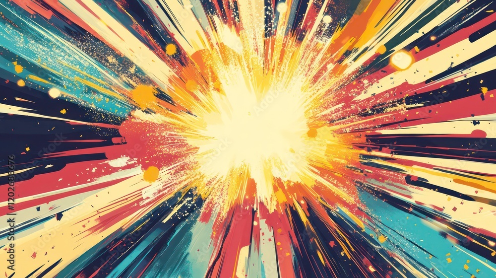 Poster abstract colorful explosion with radiating lines and bright center.