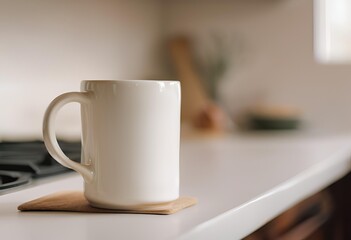Fototapeta premium Blank white mug close up on kitchen background.