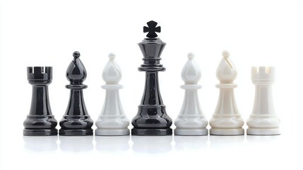   A black and white chess set sits atop a white table, with a black and white chess piece positioned beside it
