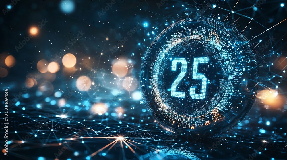 Poster futuristic digital countdown timer showing 25 seconds on a network background.
