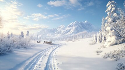 Winter Sleigh Ride Through Snowy Mountains and Forests Under a Clear Blue Sky