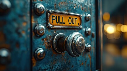 Rusty pull handle, urban night, warning sign