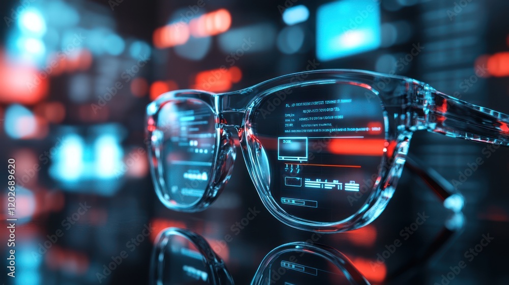 Poster futuristic smart glasses displaying digital data and information on lenses with red and blue backgro