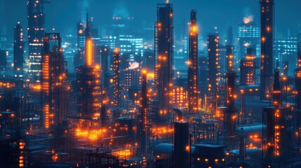 Obraz premium Night cityscape of futuristic refinery, glowing towers and intricate structures. Illustrates technological advancement, industrial progress, or dystopian themes.