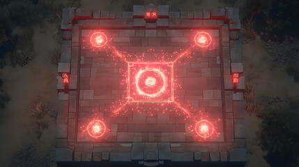 Fototapeta premium Ancient Ruins Battle Map Game: Red Energy Glow