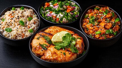 Delicious Asian meal fried rice, stir-fries, grilled chicken