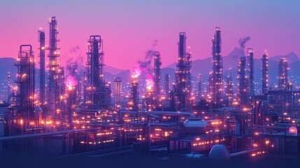 Fototapeta premium Night view of illuminated refinery complex. Illustrates industrial processes, energy production, and manufacturing.