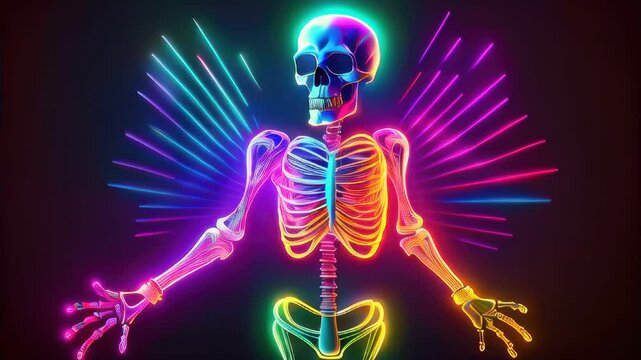 A brightly colored skeleton with arms outstretched and glowing arms, party, event