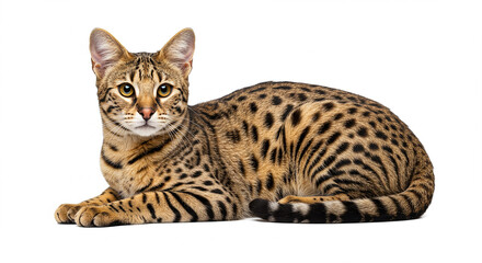 Fototapeta premium Stunning Savannah Cat Lying Down Exotic Pet Wild Cat Hybrid Close up Portrait