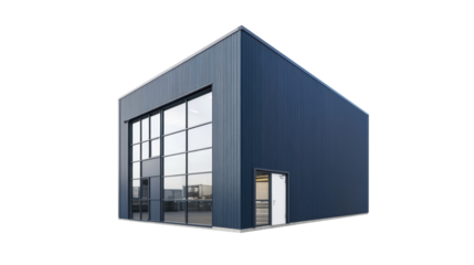 Modern industrial building with large windows and sleek design on transparent background